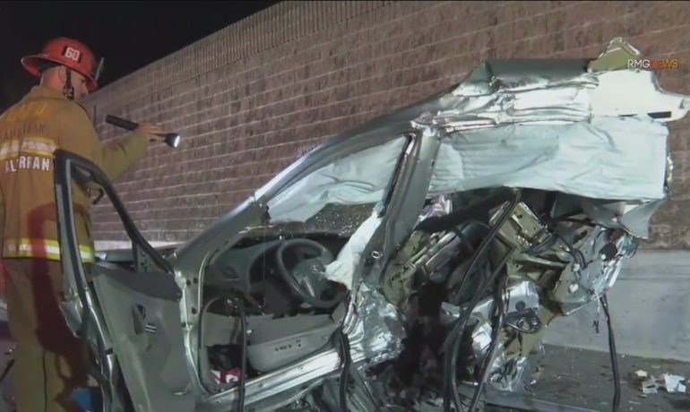 Woman killed after crash splits car in half on 101 Freeway in North Hollywood